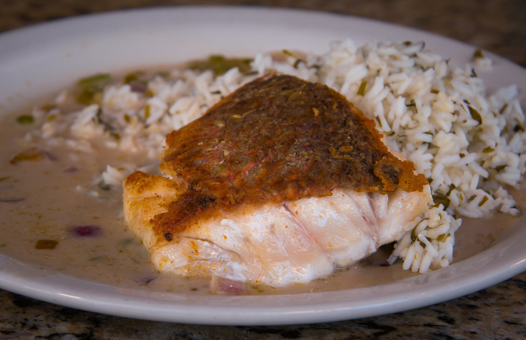 Thai Red Snapper with Cilantro Lime Rice and Coconut Curry Sauce